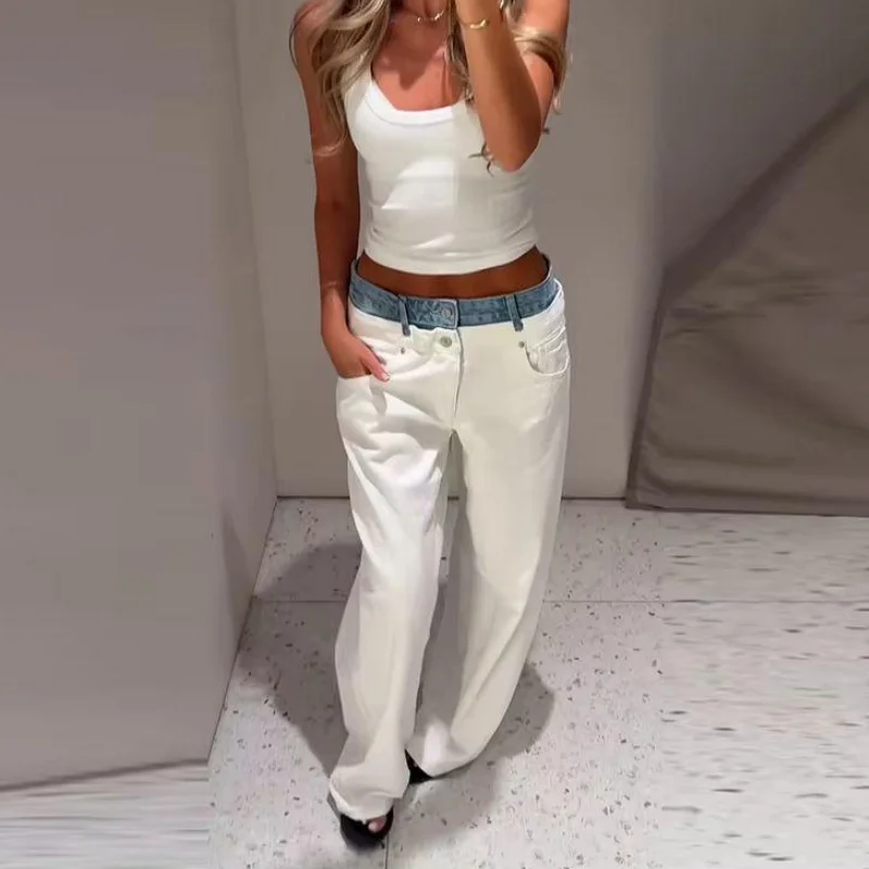 Contrast Color Denim Pants Women Mid Waist Wide Leg Straight Stylish Jeans Female Autumn Winter New Chic Soft Streetwear Trouser