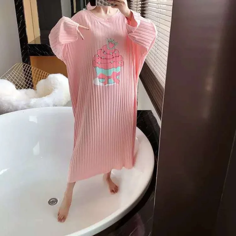 Women Cartoon Nightgowns Autumn Oversized M-5XL Long Sleeve Sleepshirts Comfortable Cute Home Sweet Nightdress Over Knees Lounge