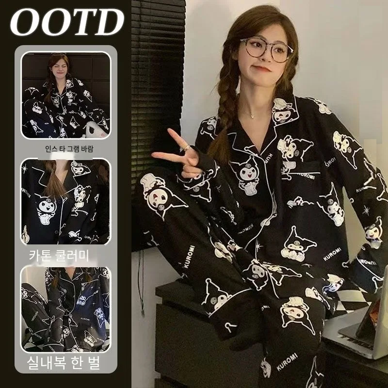 

Sanrios Cute Pajamas Kuromi Kawaii Long Sleeve Trousers Set Home Fashion Casual Comfort Sweet Loose New Style Print Hot Selling