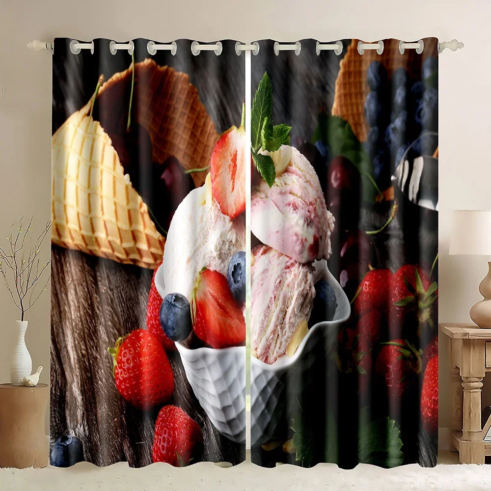 Ice Cream Window Curtains,Strawberry Sundae Chocolate Flavor in Waffle Cones,Blackout Curtains1 Panel for Living Room Bedroom