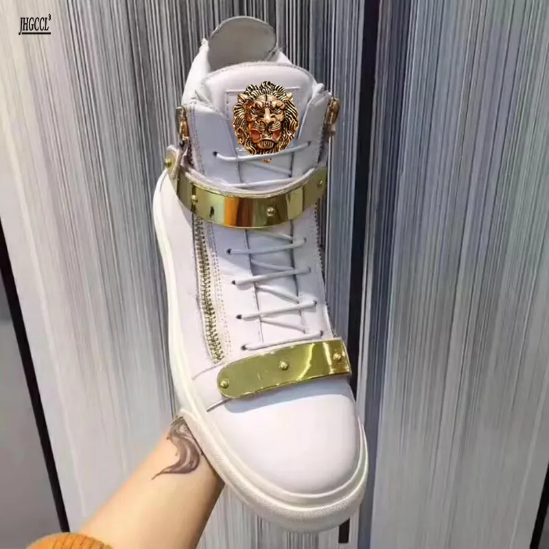 Leather white shoes, high-end brand, high-quality men's casual top grade, couple metal buckle sports shoes, women's board shoes