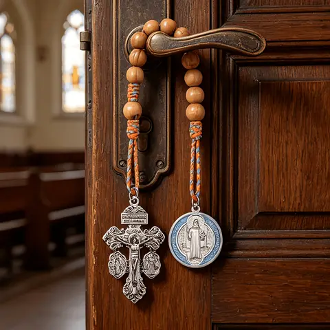 Handmade Brown Wood St. Benedict Rosary w/ Medal – Catholic Prayer Amulet, Religious Gift for Desk, Men & Women