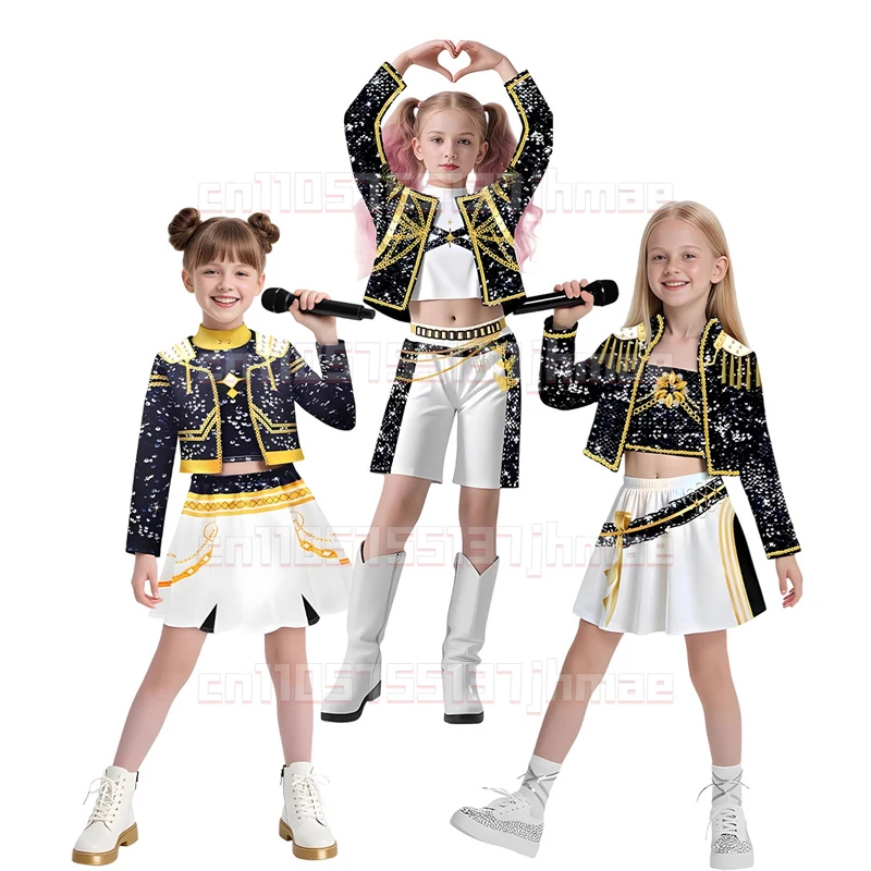 

Kids Mira Rumi Zoey Stage Outfits Cosplay Black Costume Girls Uniform Halloween Party Role Playing Printed Fancy Dress Up Suits
