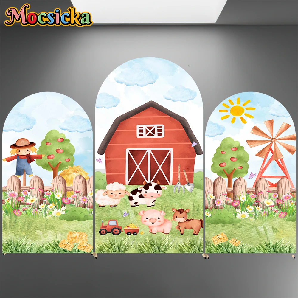 

Mocsicka Farm Arch Backdrops Covers Elastic Double-Faced Birthday Arched Background Green Grass Fruit Tree Pig Horse Party Decor