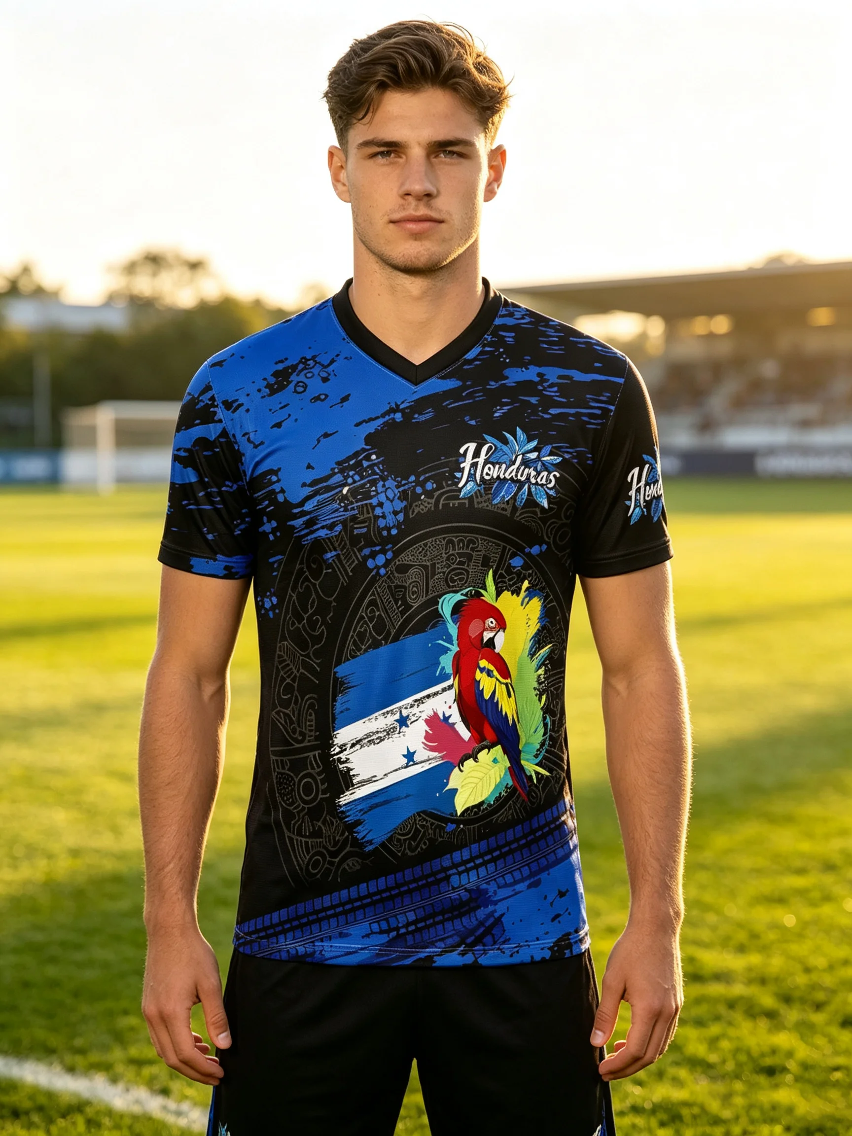2026 Honduras V‑neck soccer jersey, scarlet macaw and national flag print, blue‑black graffiti background, quick‑dry material