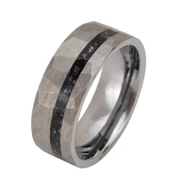 8mm Width Silver Color Hammered Tungsten Carbide Wedding Rings for Men Imitated Meteorite Inlay Matte Brushed Comfort Fit 7-15
