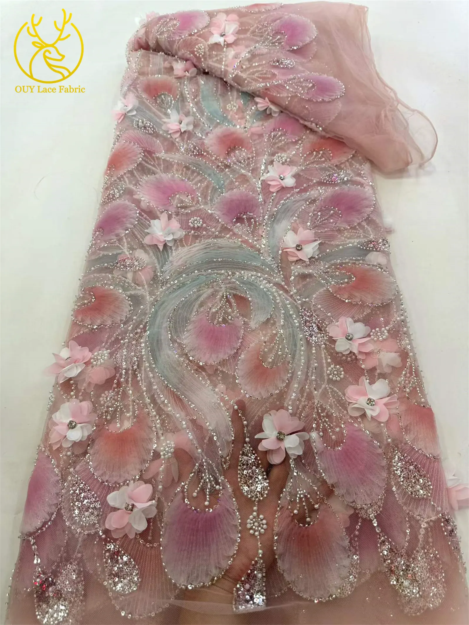 Eleganter 3D-Blumen-Afrikanischer Perlen-Spitzenstoff 2026 Französischer Nigerianischer Pailletten-Tüll-Spitzenstoff für Party- und Hochzeitskleider 5 Yards – Detail 15
