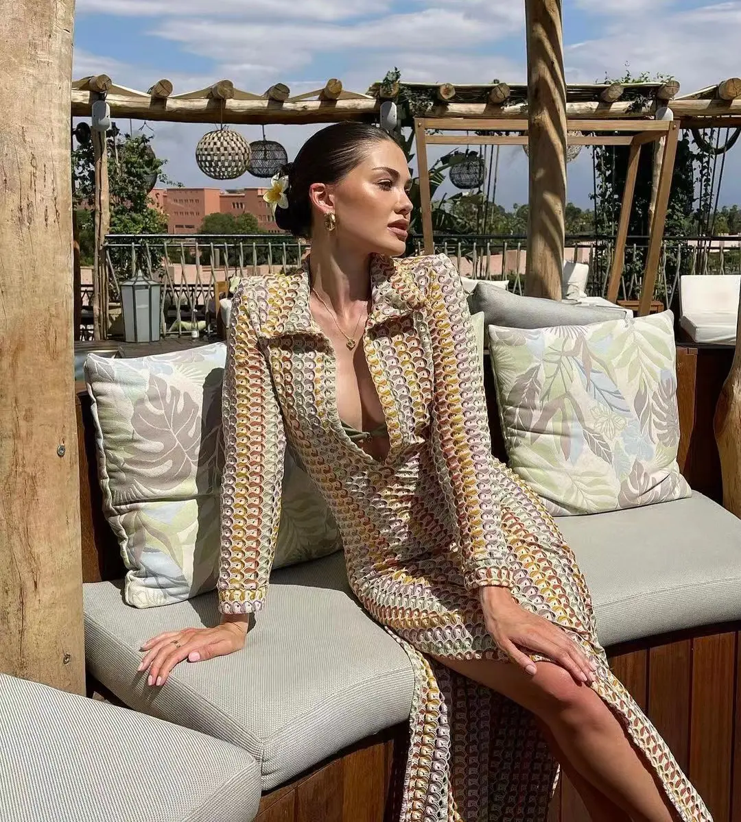 Handgemachter aushöhlen Sexy Low Cut V Ne Split Dr Long Sve a Line Rock Pendeln Sle High Waist Damen Faion Dr