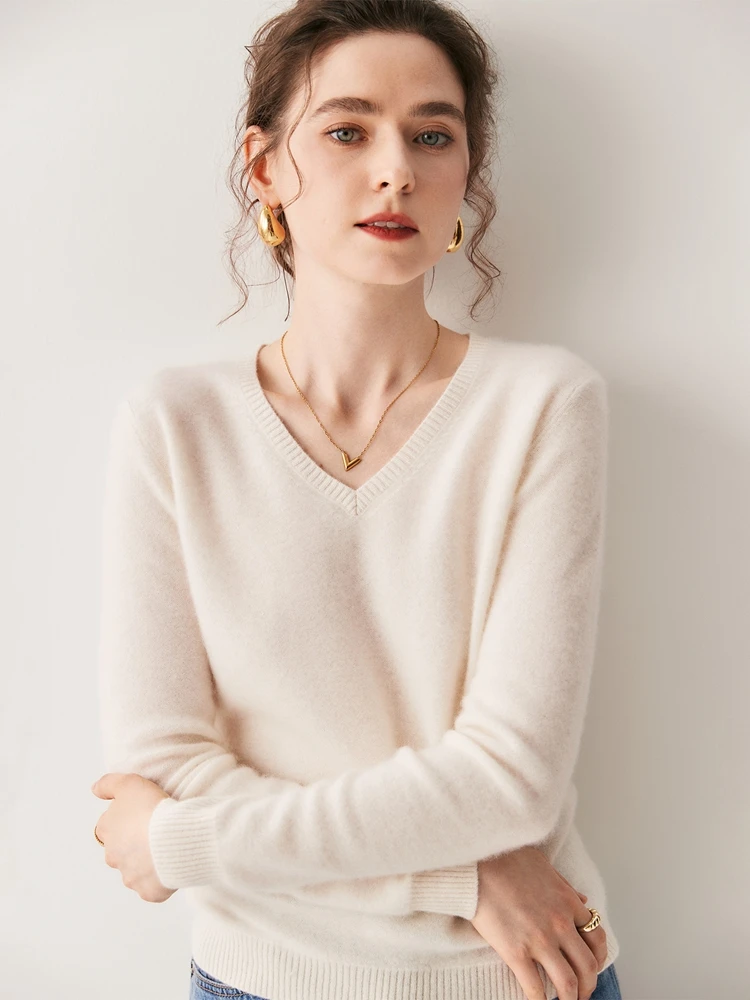 

MEETCC женский 100% кашемировый пуловер с v-образным вырезом, мягкий теплый свитер, осень-зима, универсальный удобный трикотаж, топы с длинными рукавами