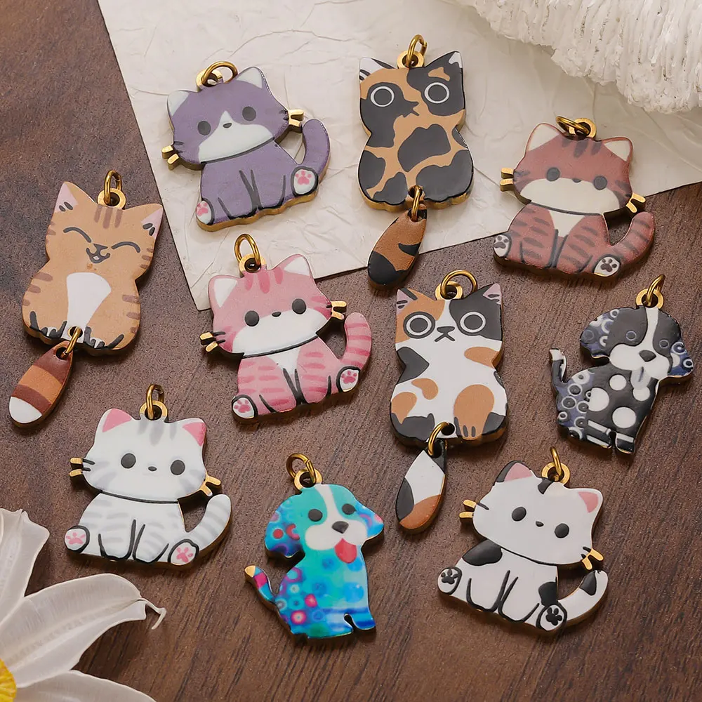 

5pcs Stainless Steel Cute Cartoon Cat Dog Charms Colorful UV Animal Pendant for DIY Necklace Earrings Jewelry Making Accessories
