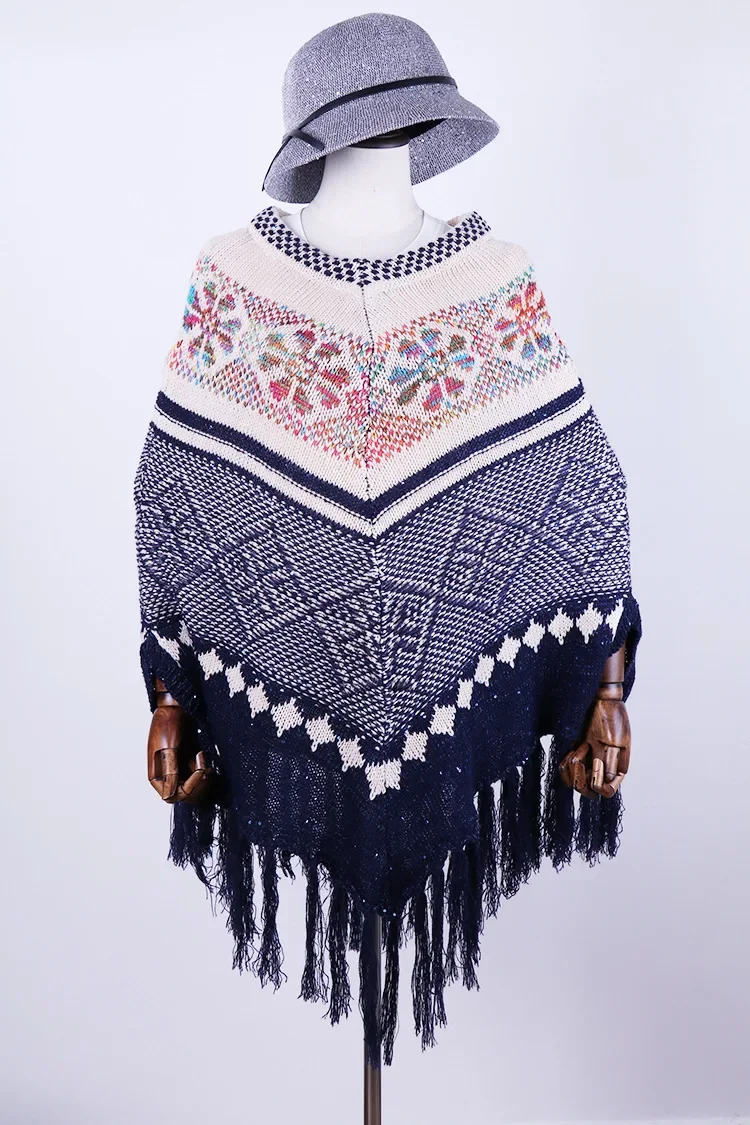 

New Women's Poncho Soft Fine Imitation Pullovers Knitted Printing Tops Tassel Cardigan Cape Ethnic Style Shawl Coat T214