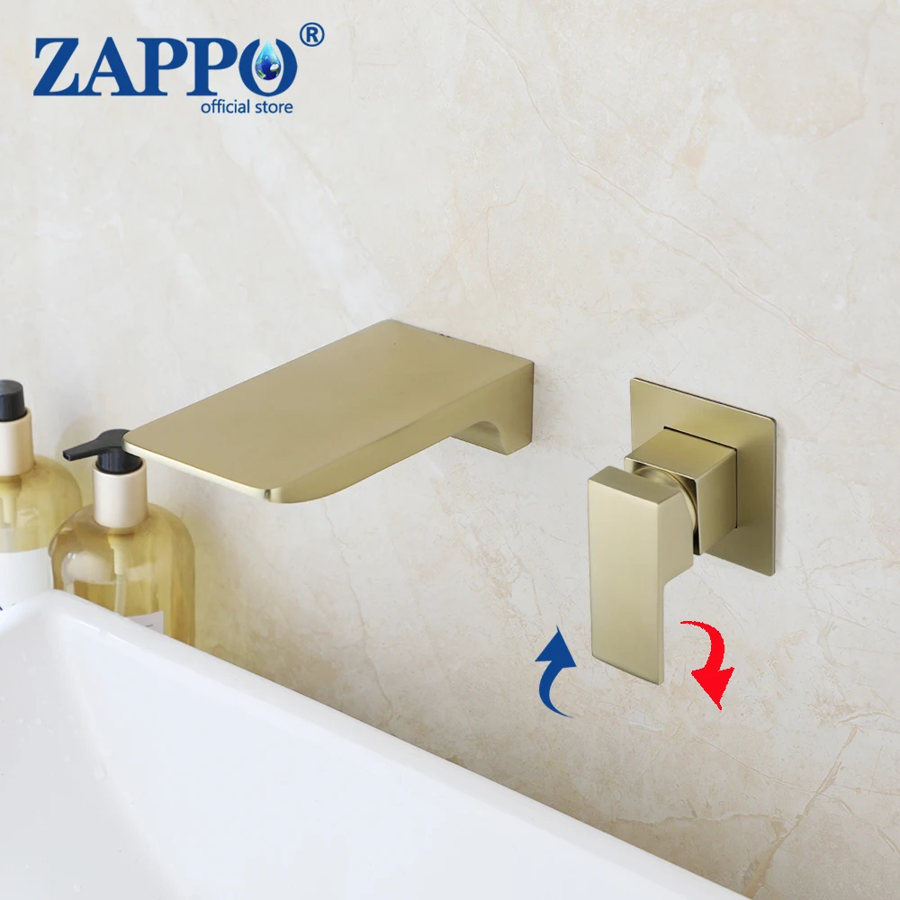 ZAPPO Solid Brass Brushed Gold Bathtub Faucets Bathroom Basin Sink Tap Wall Mounted Waterfall Mixer Embedded Box Faucet Taps