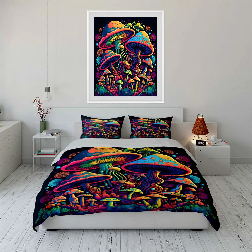 Colorful psychedelic mushroom forest Pattern Duvet Cover Set Digital Print Colorful Polyester Bedding with Zipper Closur gifts