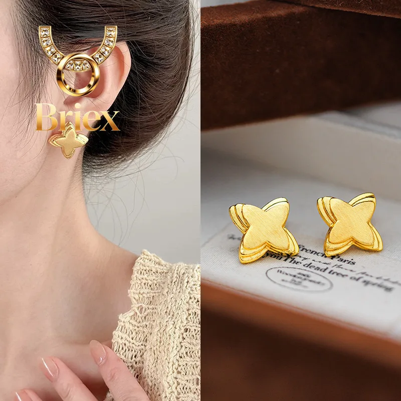 

Briex Jewelry Luxury 24K 9999 Pure Gold real gold Women's brushed four-corner star stud earrings