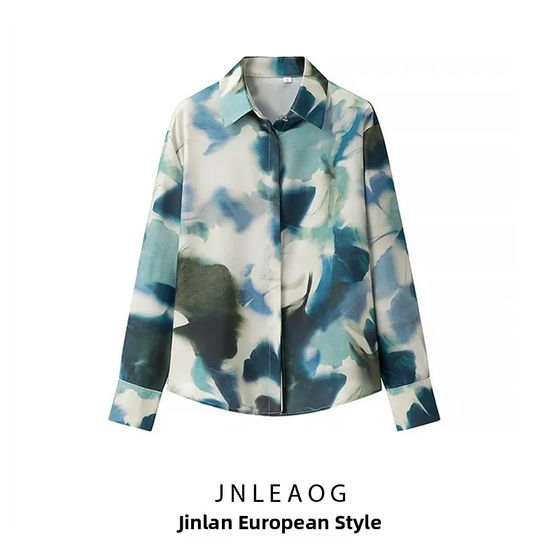Faionable Zijde Satijn Feel irt Dames Sle Print Design 23298 JNLEAOG Nieuwe collectie Polyestervezel Lange Sve Blouse