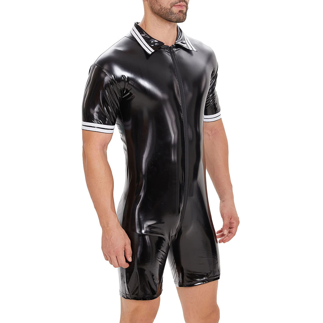 

Мужские комбинезоны на молнии с короткими рукавами, сексуальные глянцевые кожаные комбинезоны из ПВХ, облегающие борцовские майки, цельные боди с отложным воротником