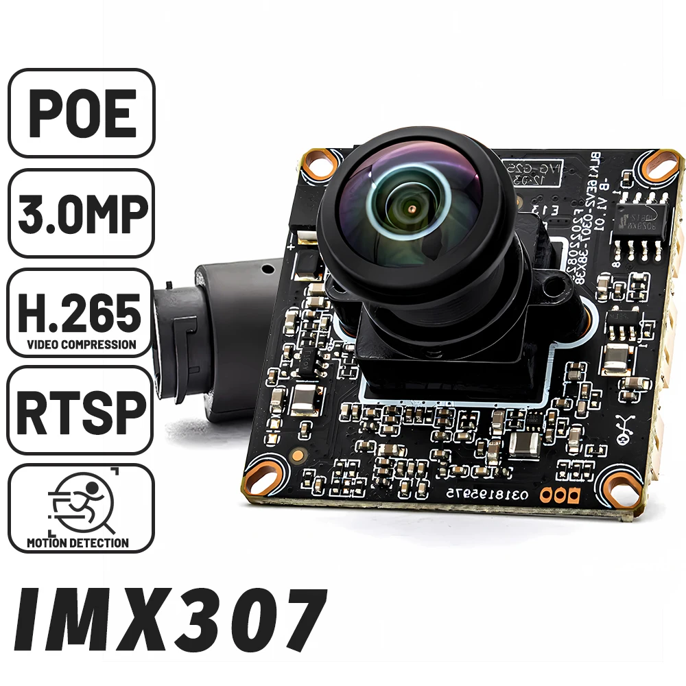 WGWK IP Camera Board IMX307 3MP Ultra Low Illumination With 2.0mm 111° No Distortion Onvif H.265 RTSP POE Security Webcam Module