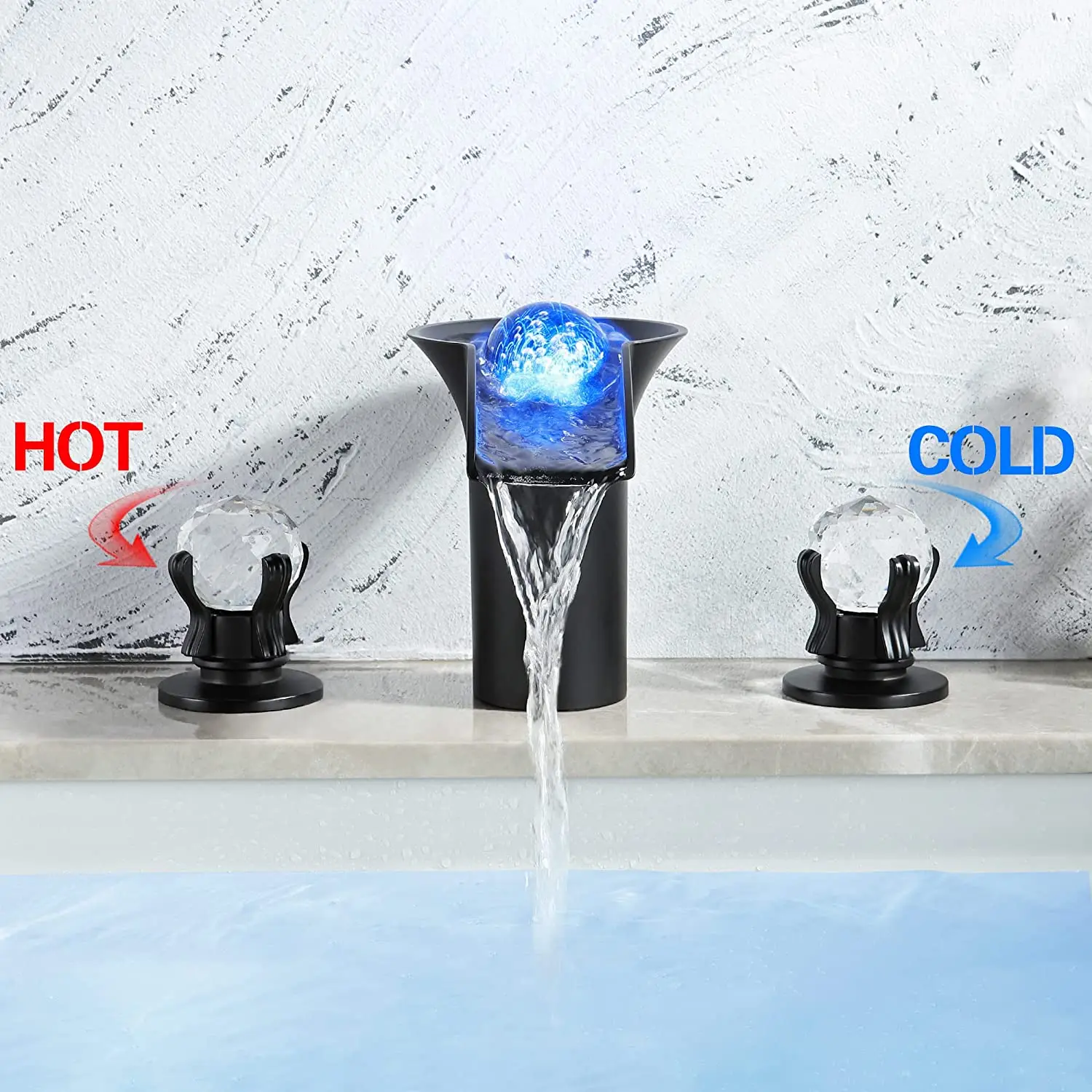 SKOWLL Basin Faucet Deck Mount LED Waterfall Bathroom Sink Faucet with 2 Crystal Knob, Black