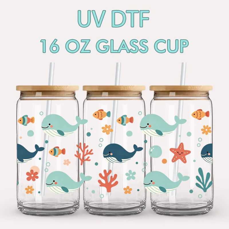UV DTF Stickers - 4 Sheets Cartoon Ocean Whale UV DTF Cup Wraps for Glass Cups DIY Waterproof Scratch Resistant
