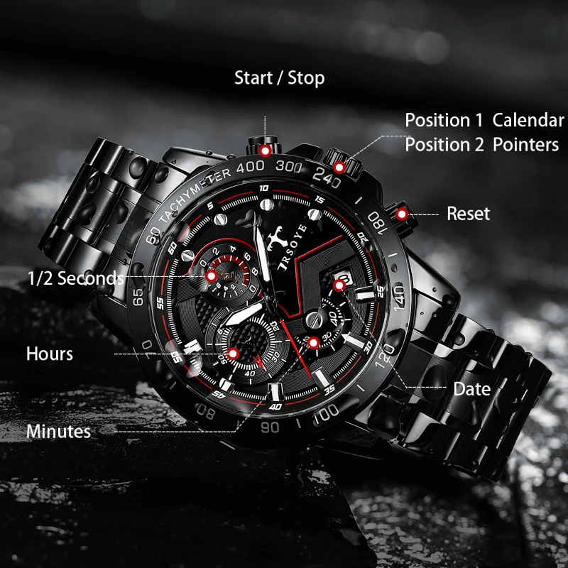 Men's Watch Black Dial Stainless Steel Band Date Mens Business Male Watches Waterproof Luxuries Wrist Watches Man Reloj Hombre