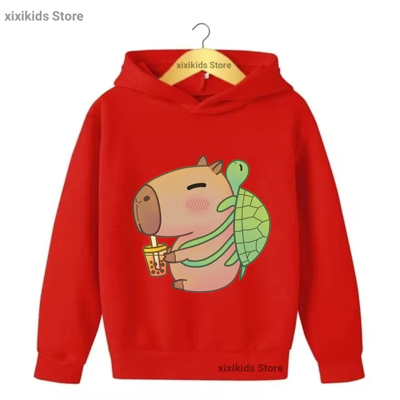 

Funny Cap Hoodies Capybara With Turtle Loves Bubble Milk Tea Printed Sweatshirt Girls/Boys Kawaii Kids Clothes Harajuku Coat