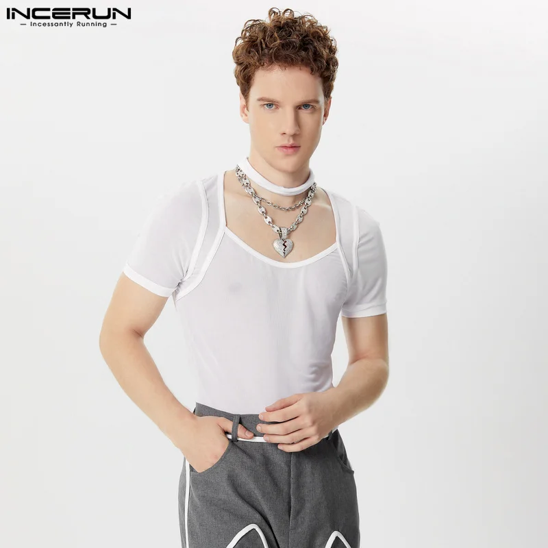 INCERUN Tops 2024 American Style Sexy Men's Neck Ring Design Mesh Transparent T-shirts Fashion Thin Short Sleeved Camiseta S-5XL