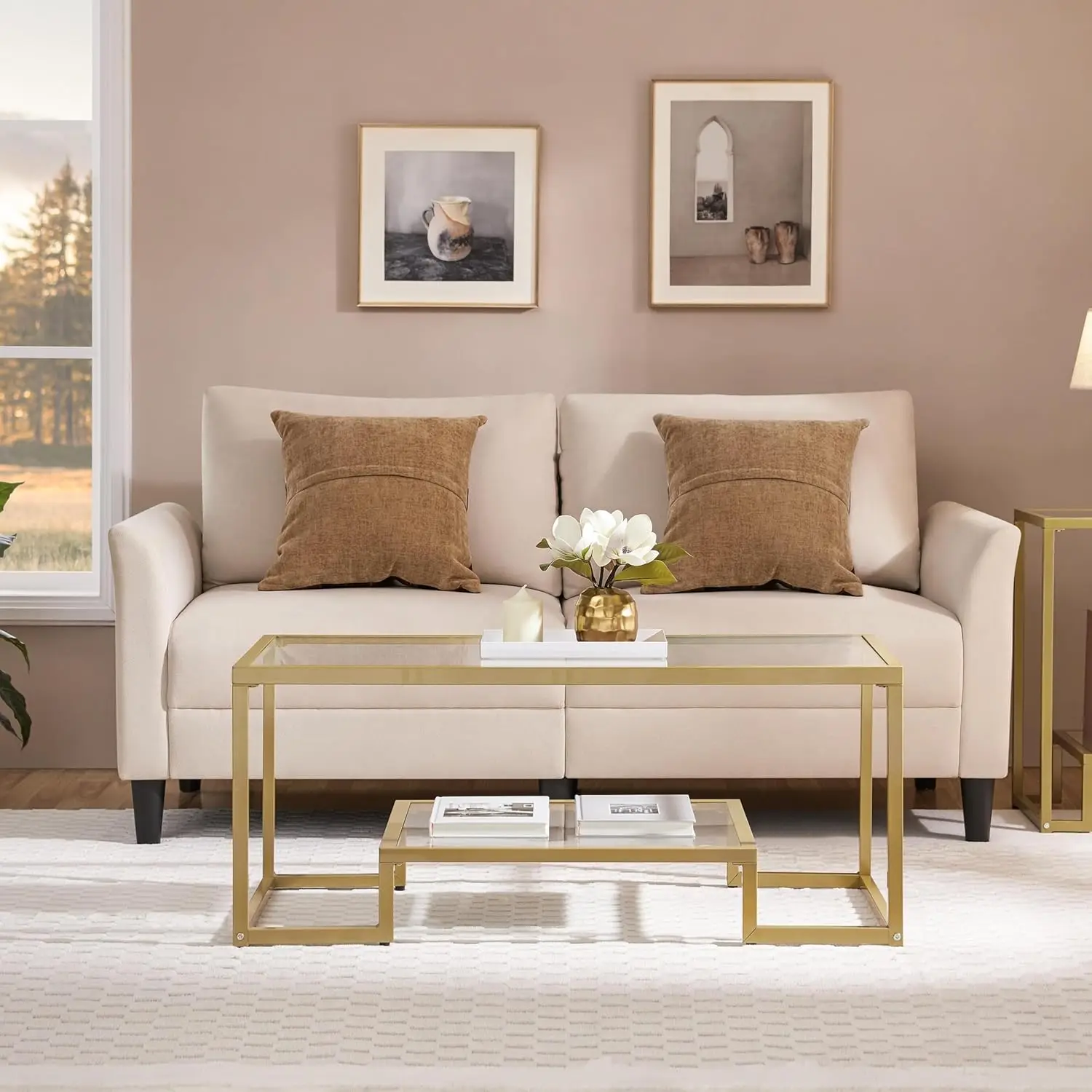 Gold Coffee Table, 42" Rectangular Glass Coffee Table for Living Room, 2-Tier Center Tea Tables with Metal Frame for Small Space