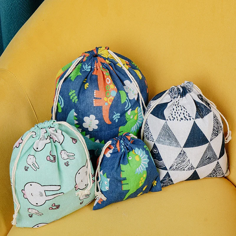 Printed Cotton and Linen Drawstring Pocket Small Cloth Bag Sundries Underwear Buggy Travel Gift Dinosaur Rabbit Storage Bag