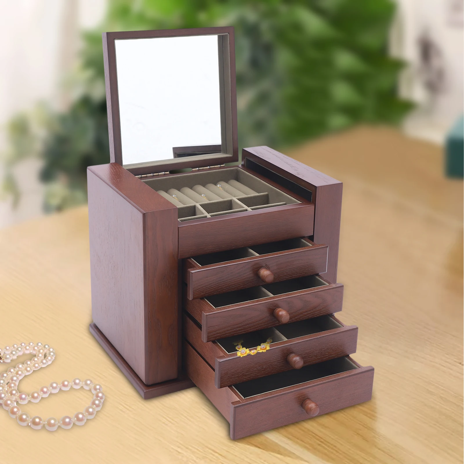 Vintage Brown Drawer Style Jewelry Box 5 Layers Rustic Wooden Organizer Storage For Watches, Necklace, Ring