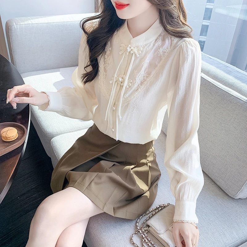 New Chinese Style Apricot Women Blouse Shirt Tops Blusas Mujer De Moda 2024 Long Sleeve Stand Collar Blouse Women Shirts H539