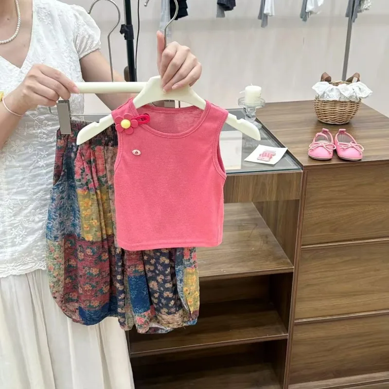 2026 Summer Girls Two Piece Set Loose Lantern Pants Comfortable Sleeveless Vest Cool and Breathable Two-piece Set Convenient