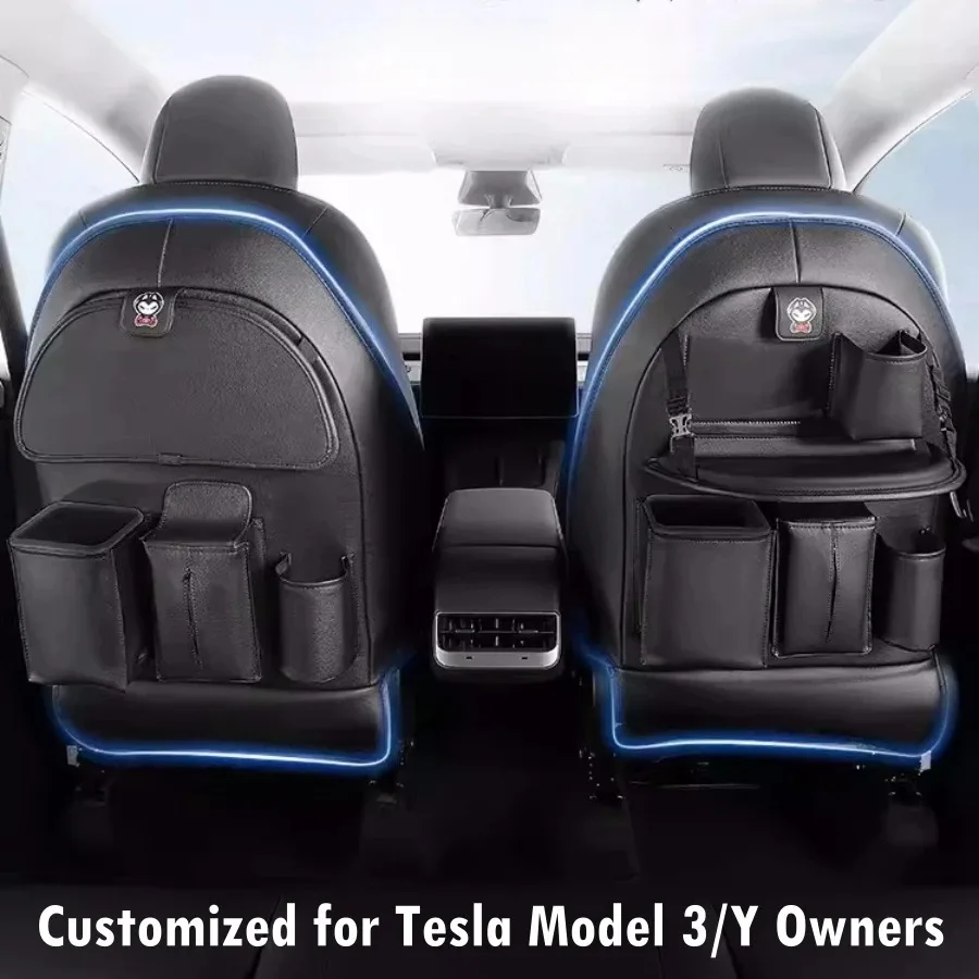 

For Tesla Model Y Juniper & Model Highland 3 2019-2025 Backrest Organizer with Foldable Table Tray & Extra Storage Case PU Leath