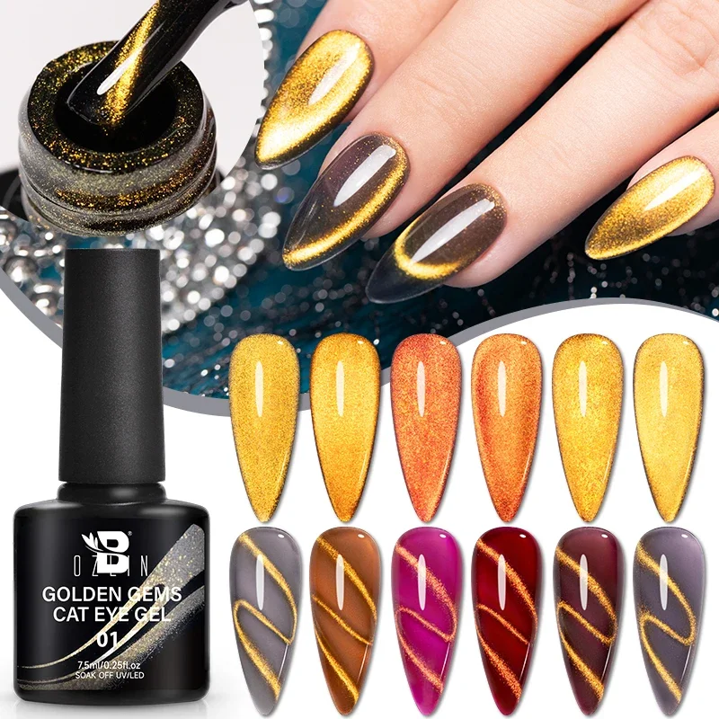 BOZLIN  7.5ml Golden Gems Magnetic Gel Nail Polish Autumn Maillard Colors Cat Eye Gel Soak Off UV Gel Semi-Permanent Nail Art