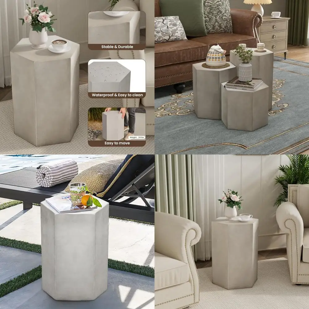 

Hexagonal Outdoor Side Table, 14.5 Wide x 20 High, Light Grey Concrete Accent Table for Patio and Indoor Use