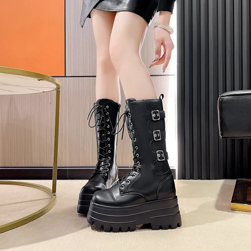 

Женские ботильоны на толстом каблуке 9 см, кожаные туфли на массивном каблуке, осенне-зимние женские ботинки в стиле панк, кроссовки на платформе, дизайнерские Botas