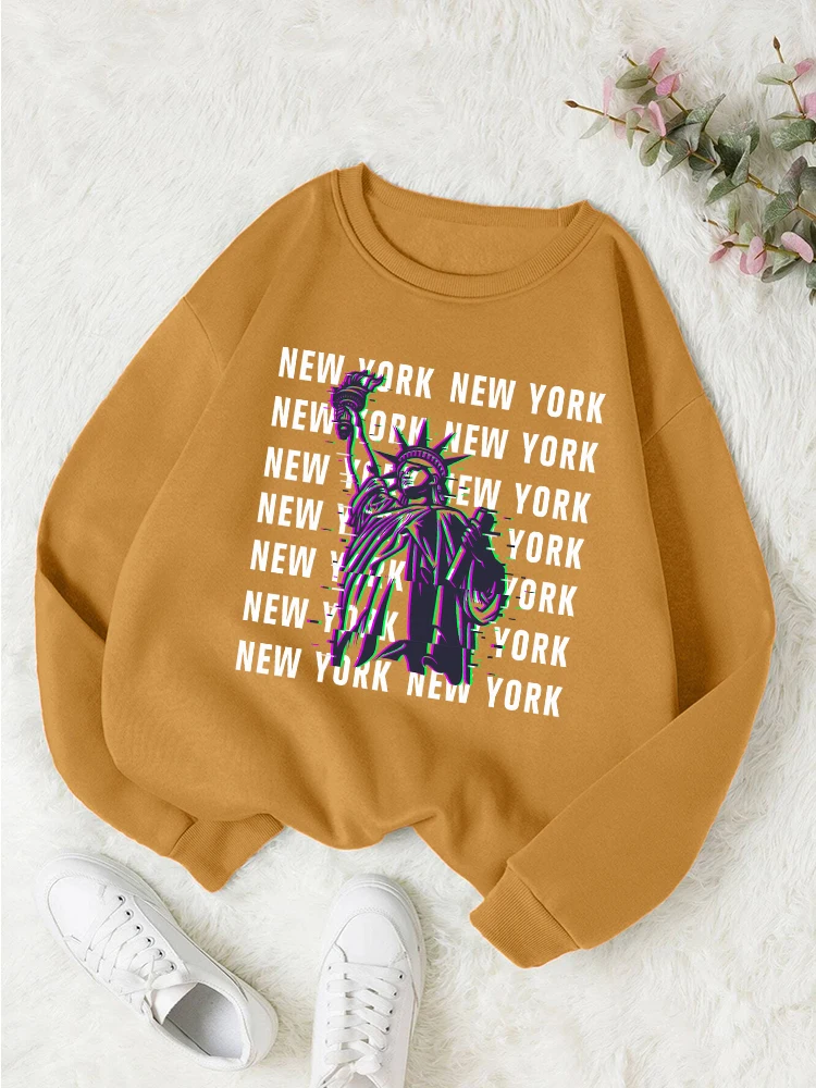 

New York Funny Sculpture Print Sweatshirt Women Fashion O-Neck Clothes Vintage Soft Hooded Loose Casual Comfortable Sportswears