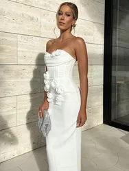 Women Celebrity Sexy Strapless Backless Flower White Maxi Long Bodycon Bandage Dress 2024 Elegant Evening Club Party Dress