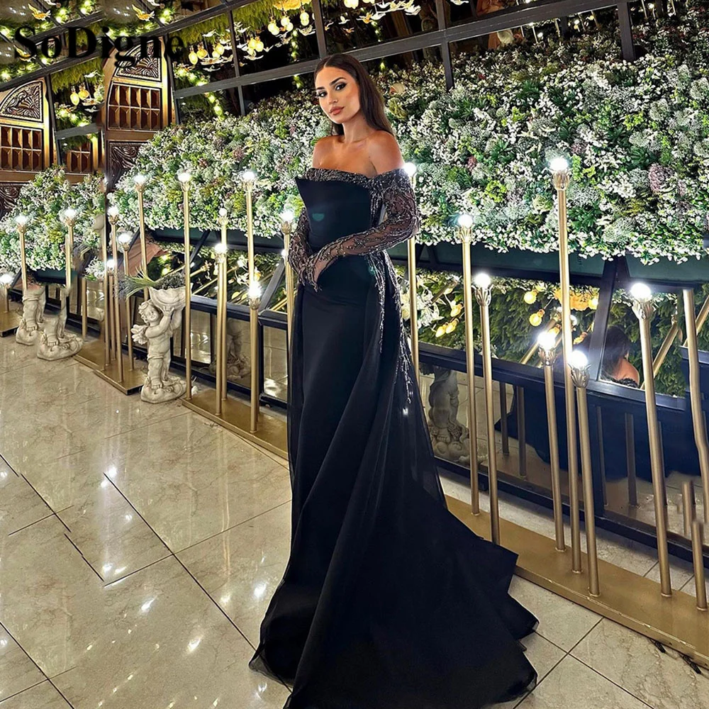 

SoDigne Black Strapless Prom Dress Party Gowns For Women Saudi Arabia Sequins Lace Long Sleeves Dubai Formal Evening Dresses