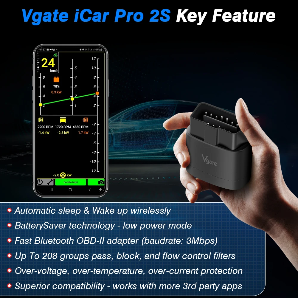 Vgate ICar Pro 2S ELM327 Bluetooth 5.2 OBD2 Scanner Diagnostic Tool for Android iOS PC with EV Support Auto Code Reader