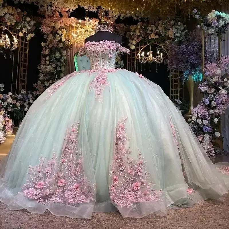 Mexican Princess Quinceanera Dresses Light Green Ball Gown Pink 3D Flowers Appliques Lace Sweet 16 Dress Customized