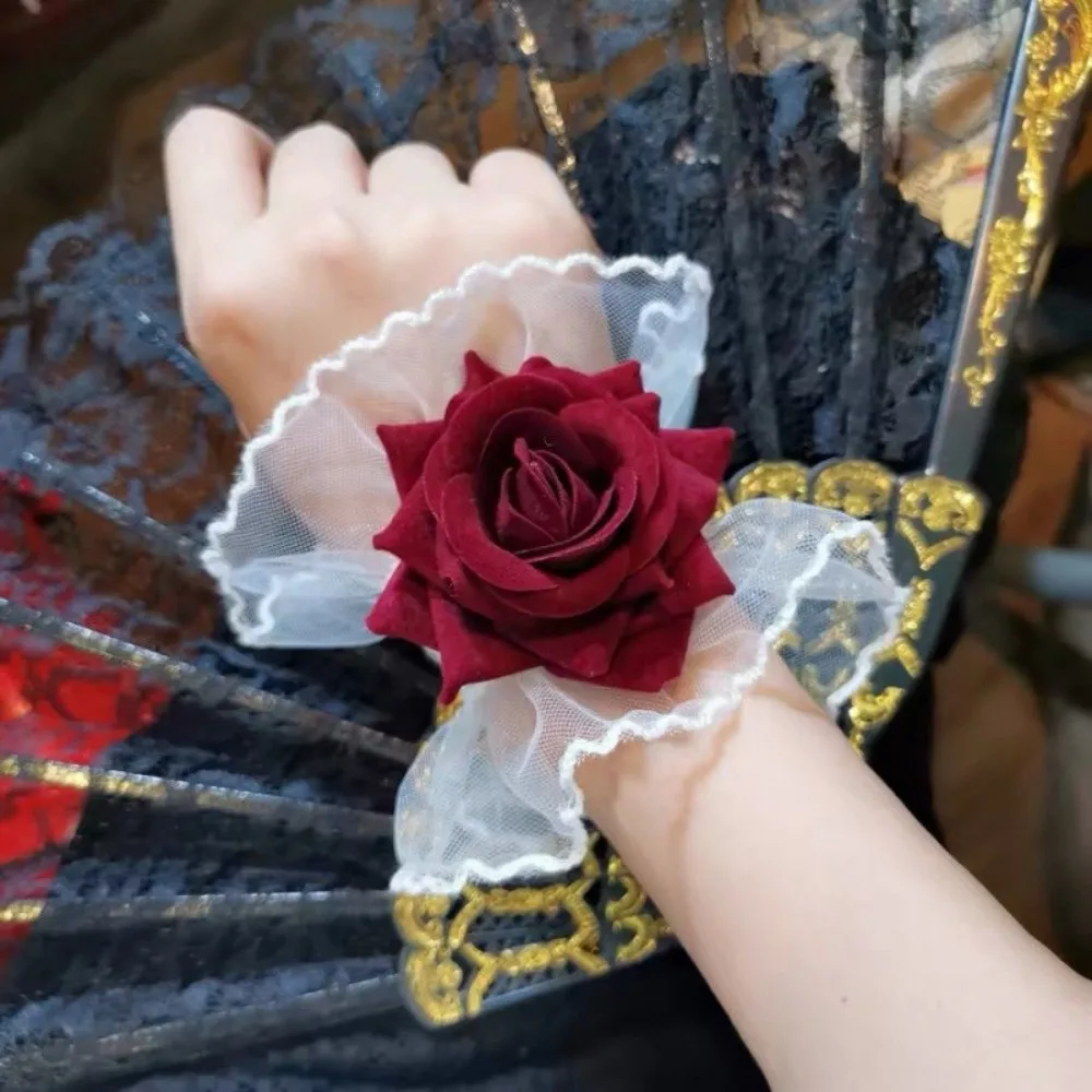 New Red Rose Lace Wristbands Ruffled Lolita Gothic Cosplay Bracelets Elastic Band Black Flower Wrist Cuffs For Women