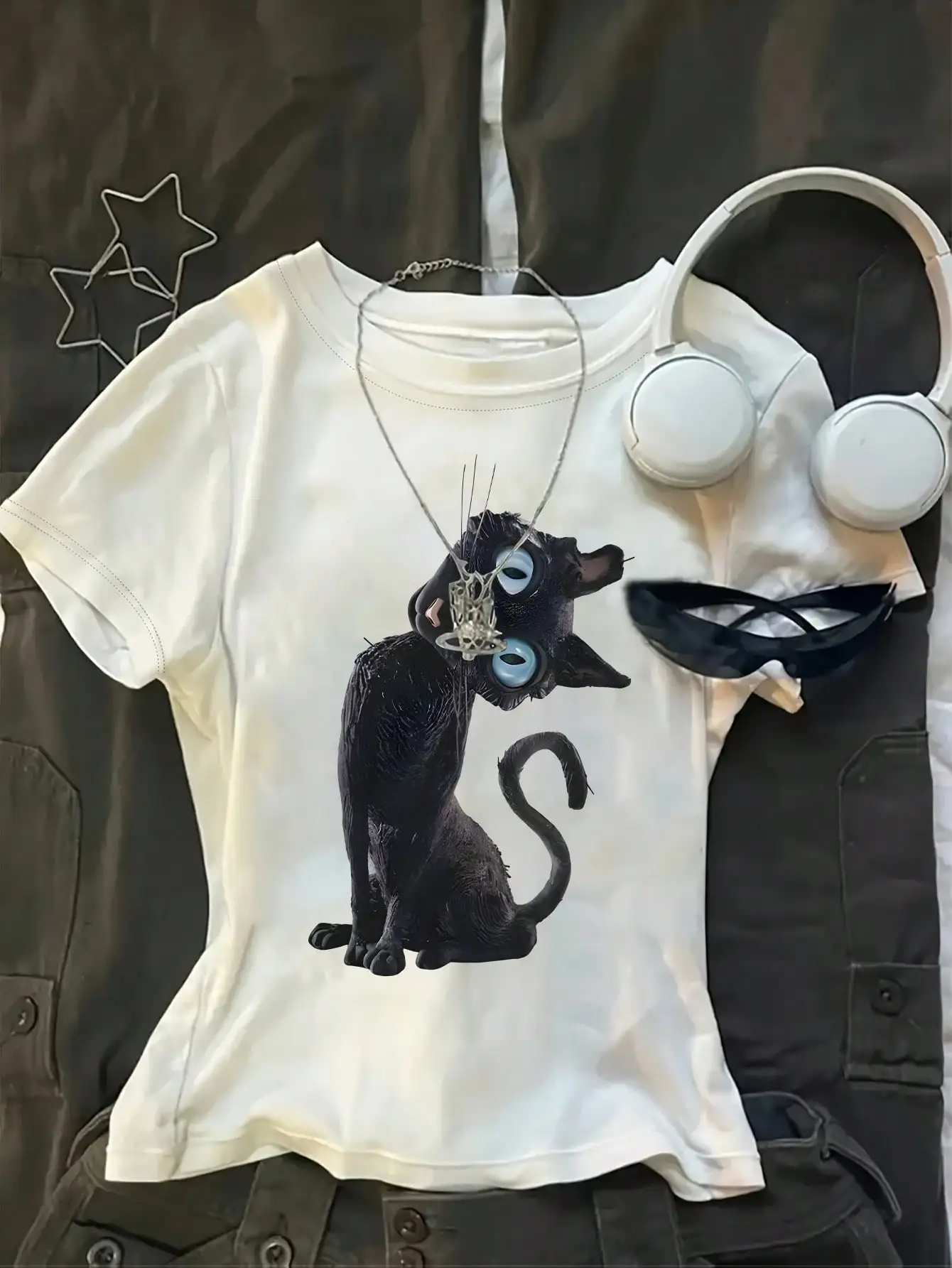 

Женская футболка с графическим принтом и изображением черной кошки, стандартный крой, смесовая ткань из хлопка