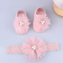 Cute Pearl Bows Baby Headband Socks Set Non Slip Cotton Sock Lace Flower Newborn Hair Band Turban Girl Hair Accessories