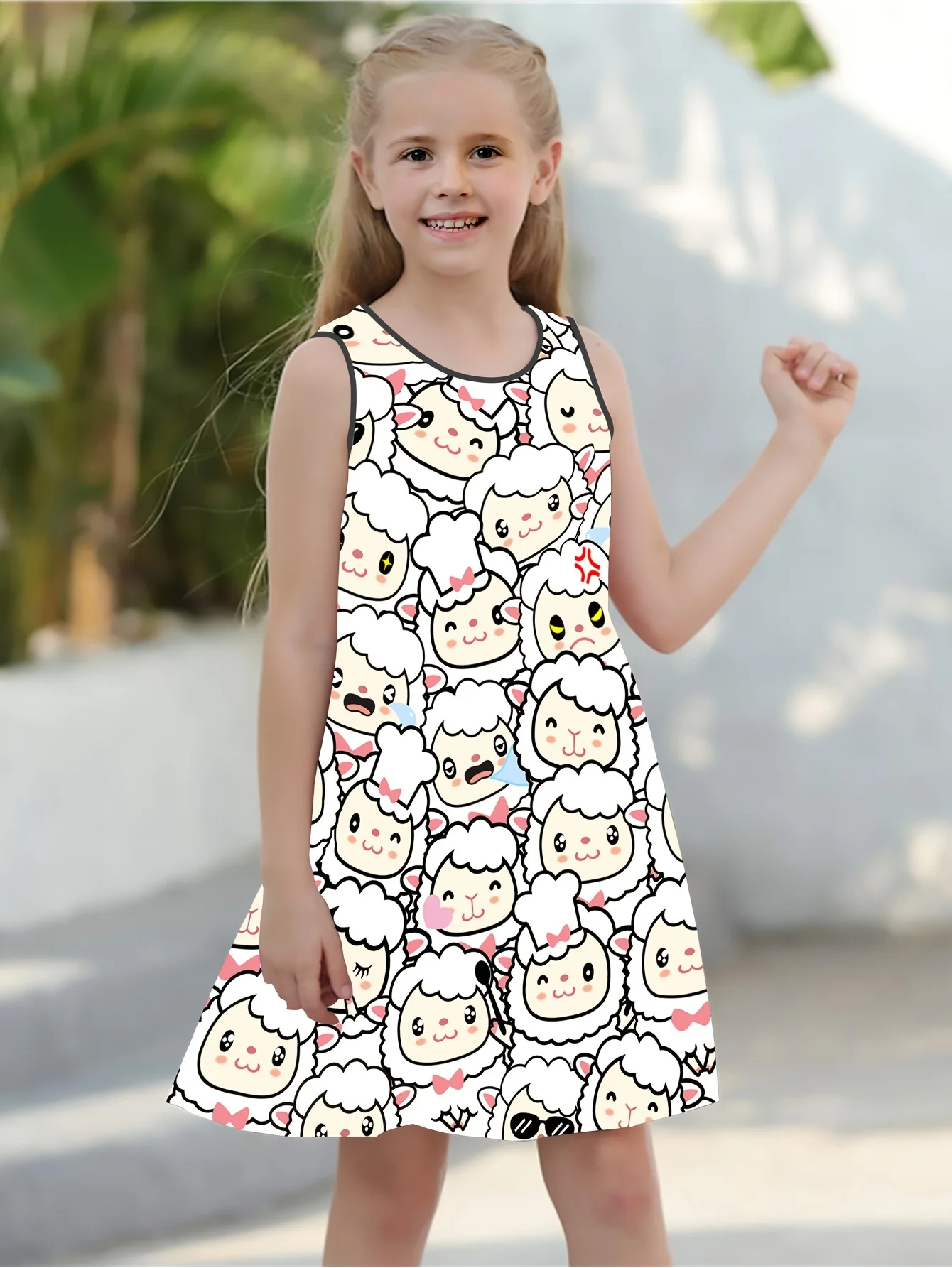 Girl Clothes Cartoon Sheep Graphic Printed Girls' Princess Dress Summer Casual Dress for Girls Outfit O‑Neck Birthday Gift