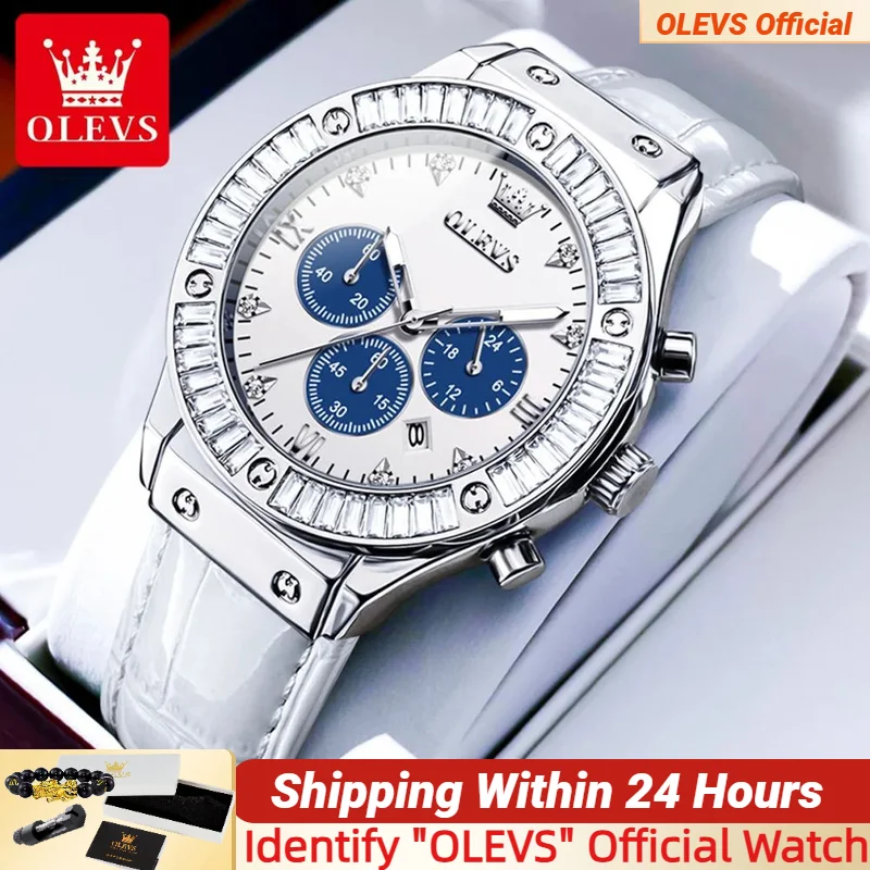 OLEVS Women's Watches Luxury Brand Multifunction Quartz Watch Leather Strap Date Chronograph Waterproof Quartz Watch for Ladies
