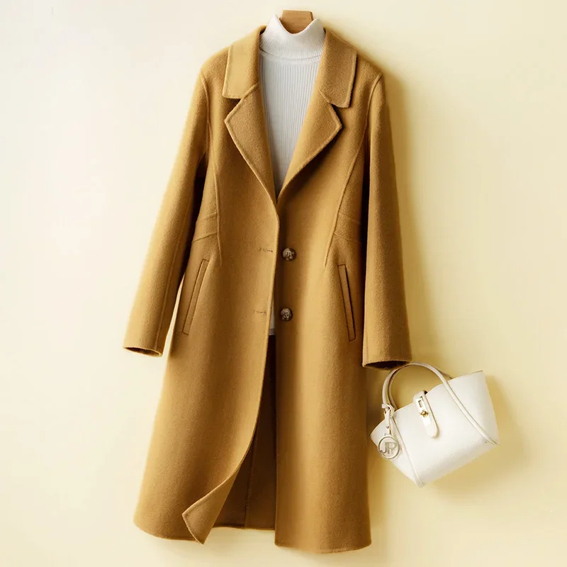

Spring Autumn Women Korean Slim Mid-length Double Sided Cashmere Wool Jacket Outerwear Solid Color Long Sleeve Wool Coat Female