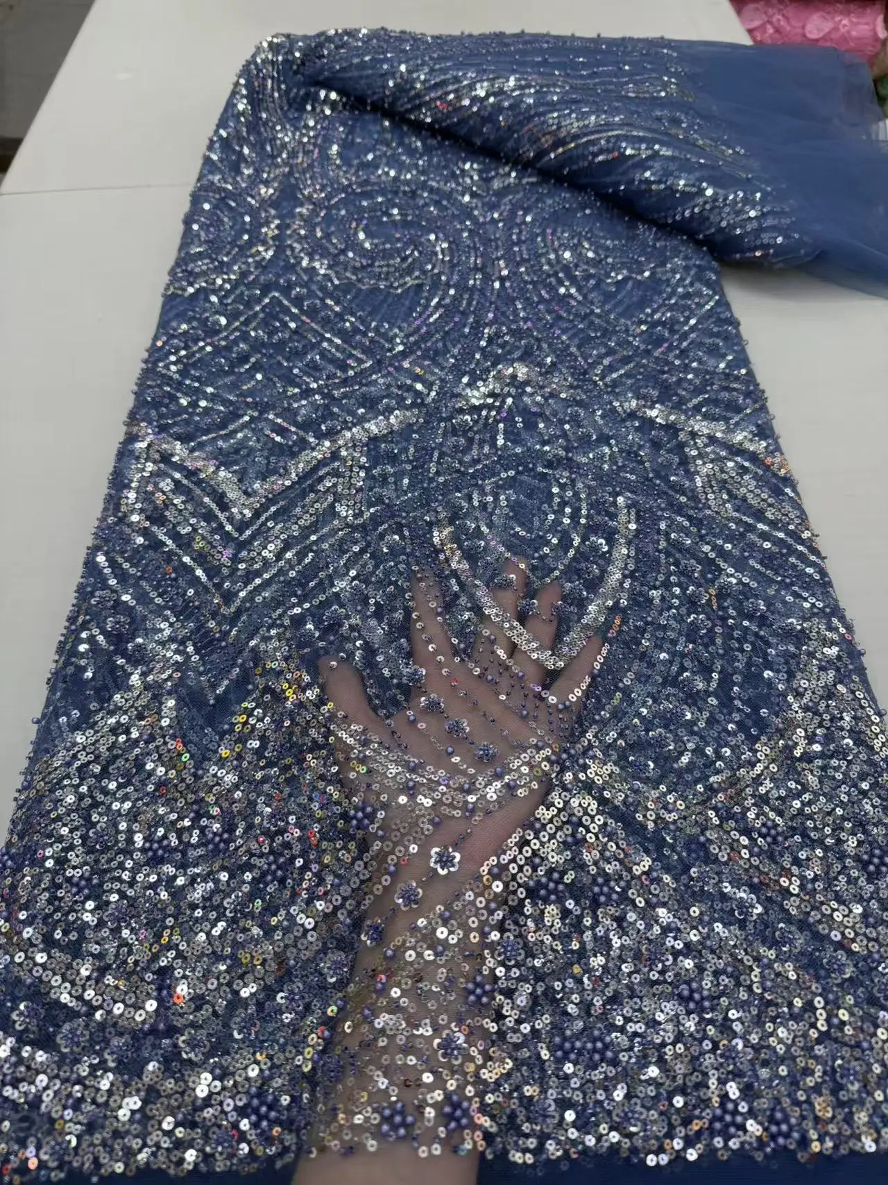 

2025 африканская нигерийская высококачественная тюль с блестками, кружевная ткань для выпускных платьев, вышивка бисером, сетчатая ткань JY429 5 ярдов