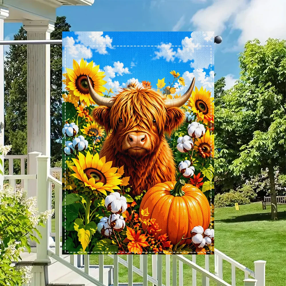 1PC Highland Cow Sunflower and Pumpkin Garden Flag, duplex print, perfect for patio and outdoor fall decor (pole not included)