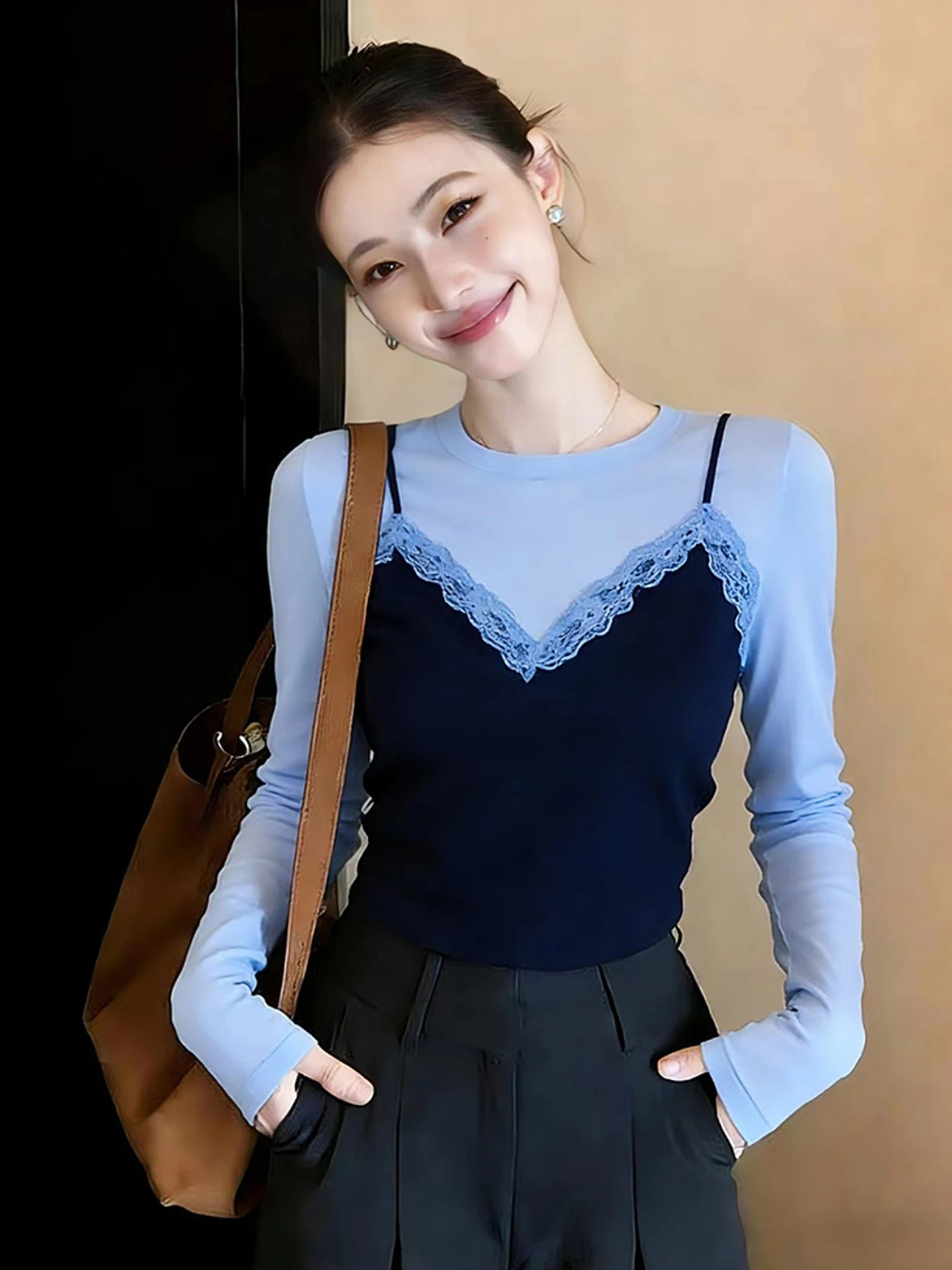 

Spring Korean Style Long Sleeve Skin-friendly Color Block Slimming Base Shirt Charming Underwear T-shirt Women's Fashion