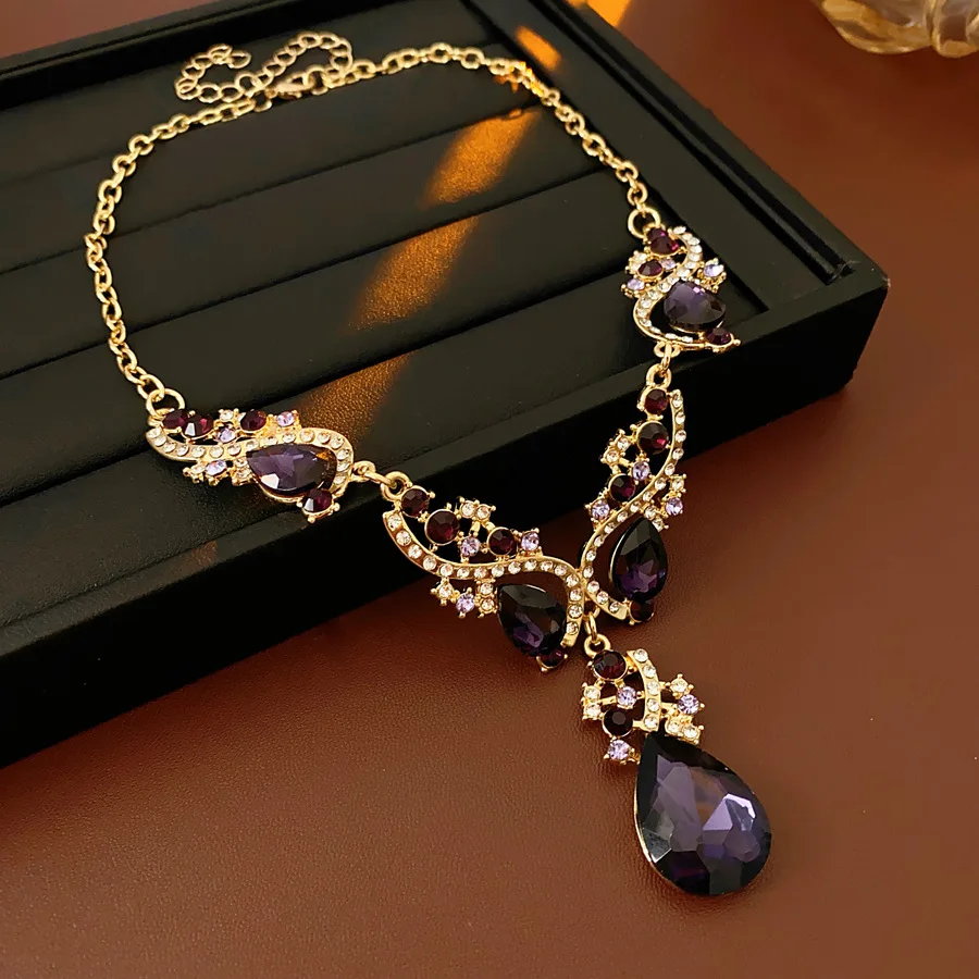 2 Pcs Purple Watre Drop Rhinestones Pendant Necklaces Vintage Palace Style Earring for Women Party Wedding Bride Jewelry Sets W view 5